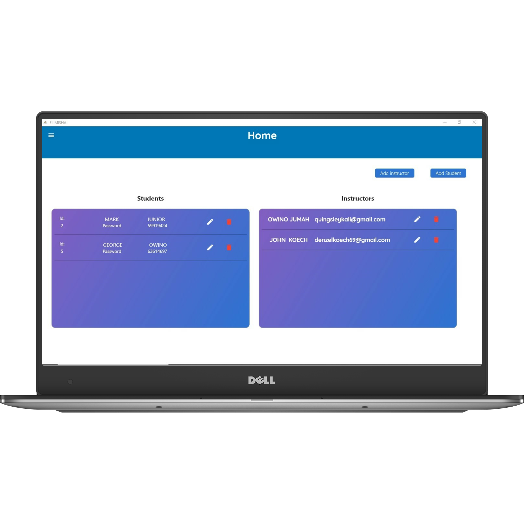 Admin landing screen